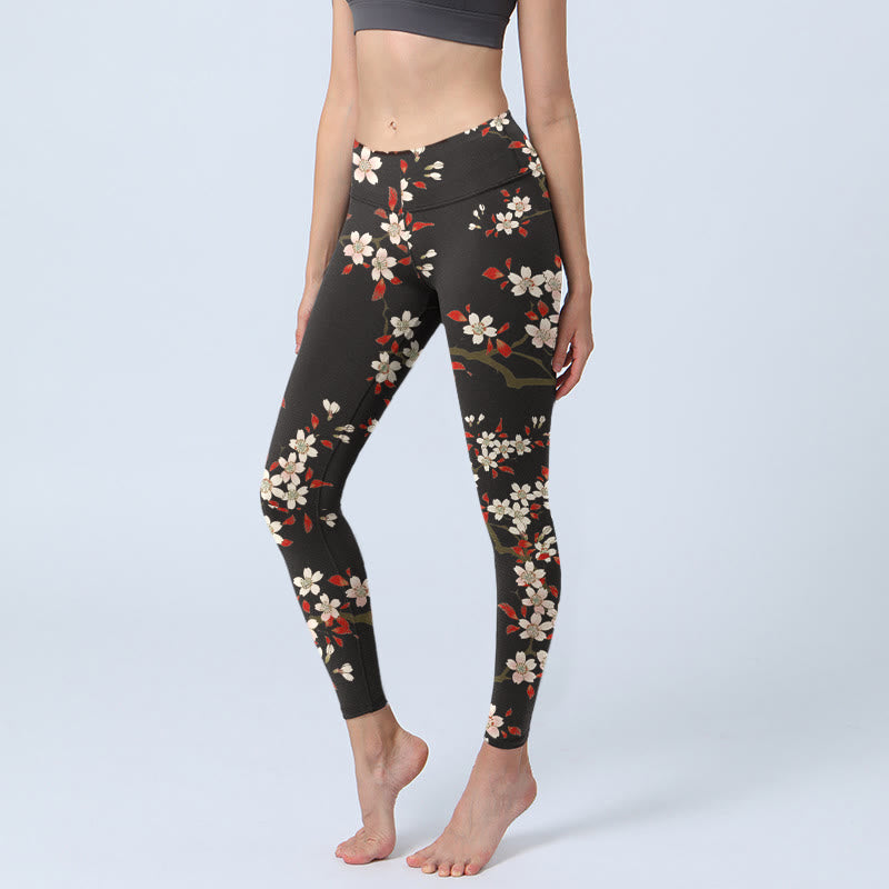 Leggings de yoga para mujer con estampado de hojas rojas y flores de cerezo blancas y piedras de Buddha Stones - Negro - US18，UK/AU22，EU50 (4XL) - image 1