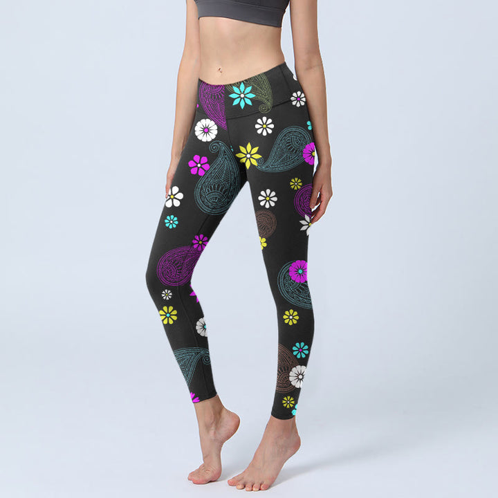 Leggings de yoga para mujer con estampado de flores de anacardo y Buddha Stones - Negro - US18，UK/AU22，EU50 (4XL) - image 0