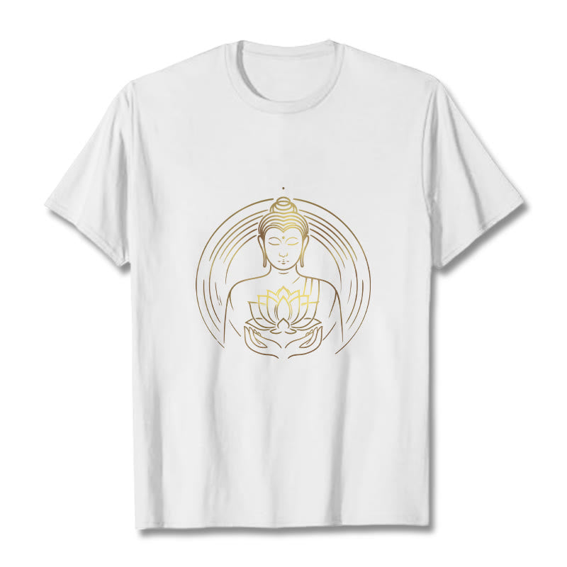 Camiseta con Buddha Stones dorado sosteniendo una flor de loto y piedras de Buda - Blanco - 2XL - image 1