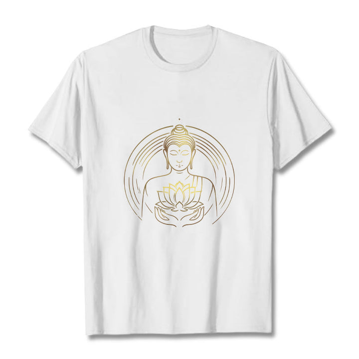 Camiseta con Buddha Stones dorado sosteniendo una flor de loto y piedras de Buda - Blanco - 2XL - image 1