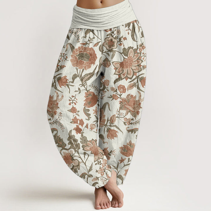 Pantalones harén de algodón puro con estampado de girasoles y cintura elástica para mujer de Buddha Stones