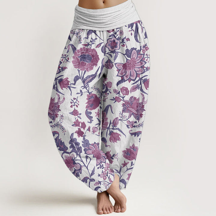 Pantalones harén de algodón puro con estampado de girasoles y cintura elástica para mujer de Buddha Stones