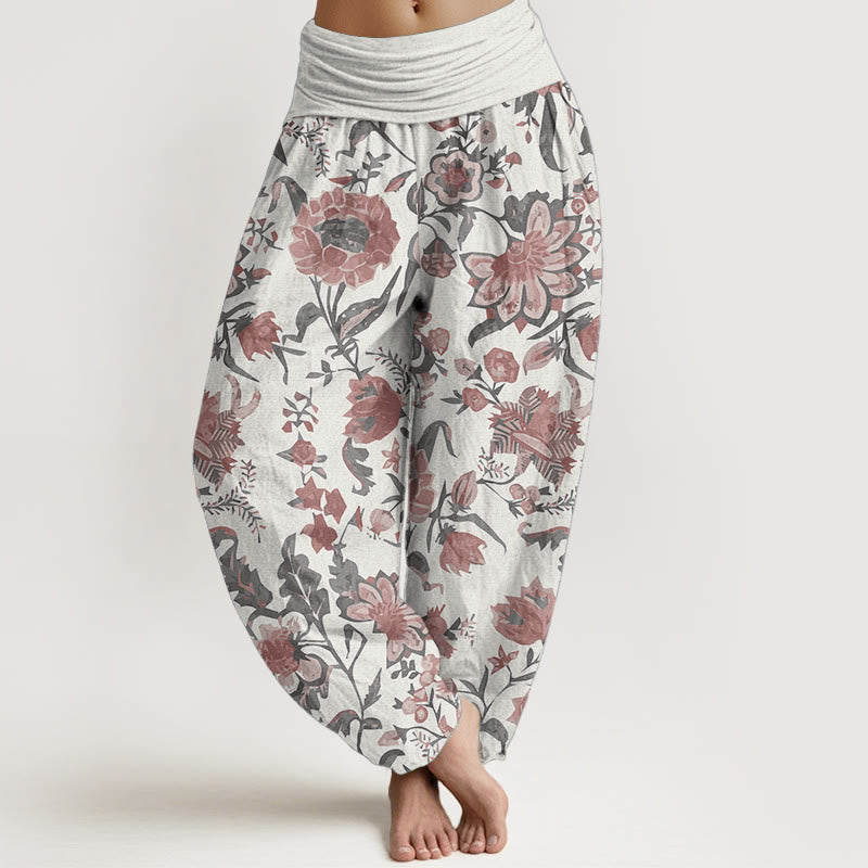 Pantalones harén de algodón puro con estampado de girasoles y cintura elástica para mujer de Buddha Stones