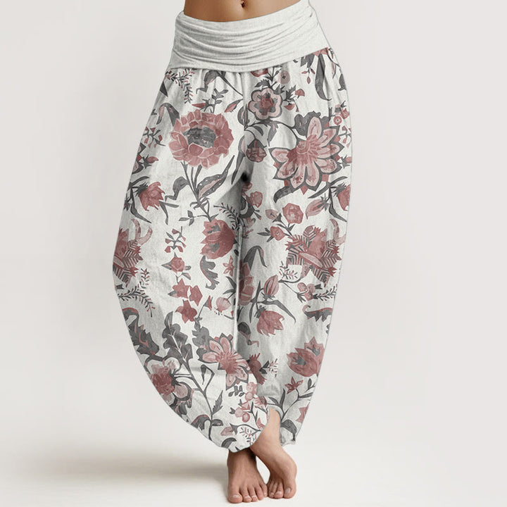 Pantalones harén de algodón puro con estampado de girasoles y cintura elástica para mujer de Buddha Stones