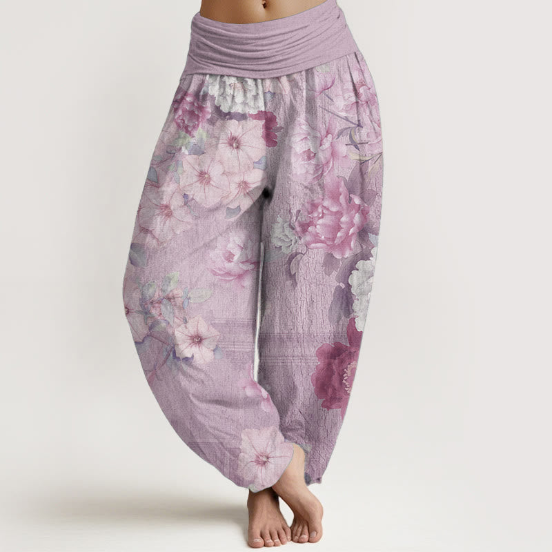Pantalones Buddha Stones de algodón puro con estampado de peonías y cintura elástica para mujer