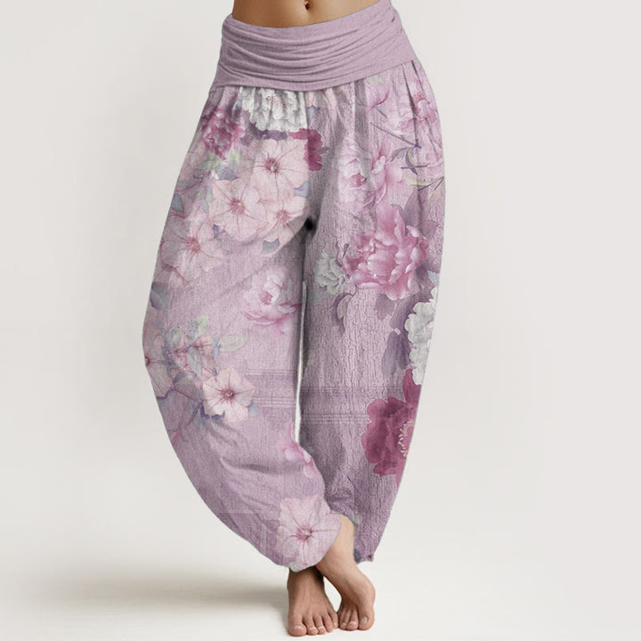 Pantalones Buddha Stones de algodón puro con estampado de peonías y cintura elástica para mujer