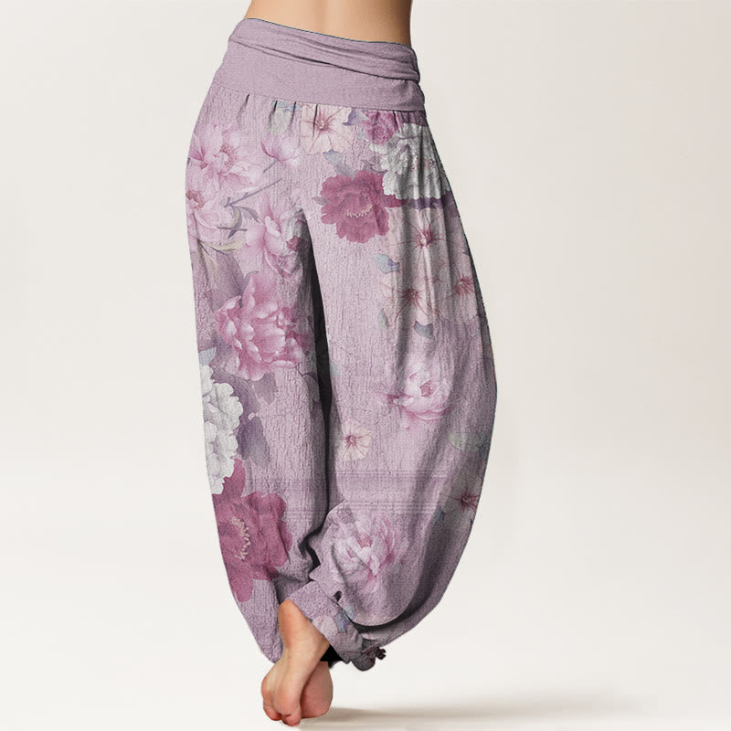 Pantalones Buddha Stones de algodón puro con estampado de peonías y cintura elástica para mujer
