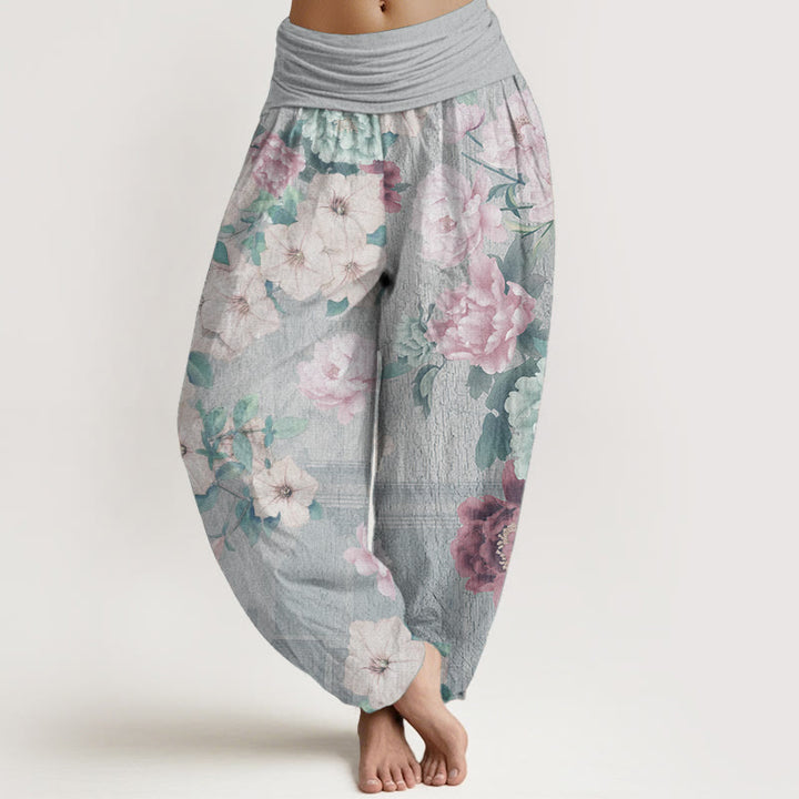 Pantalones Buddha Stones de algodón puro con estampado de peonías y cintura elástica para mujer