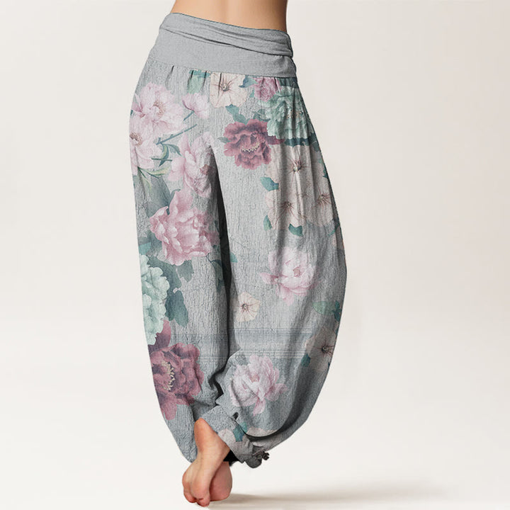 Pantalones Buddha Stones de algodón puro con estampado de peonías y cintura elástica para mujer