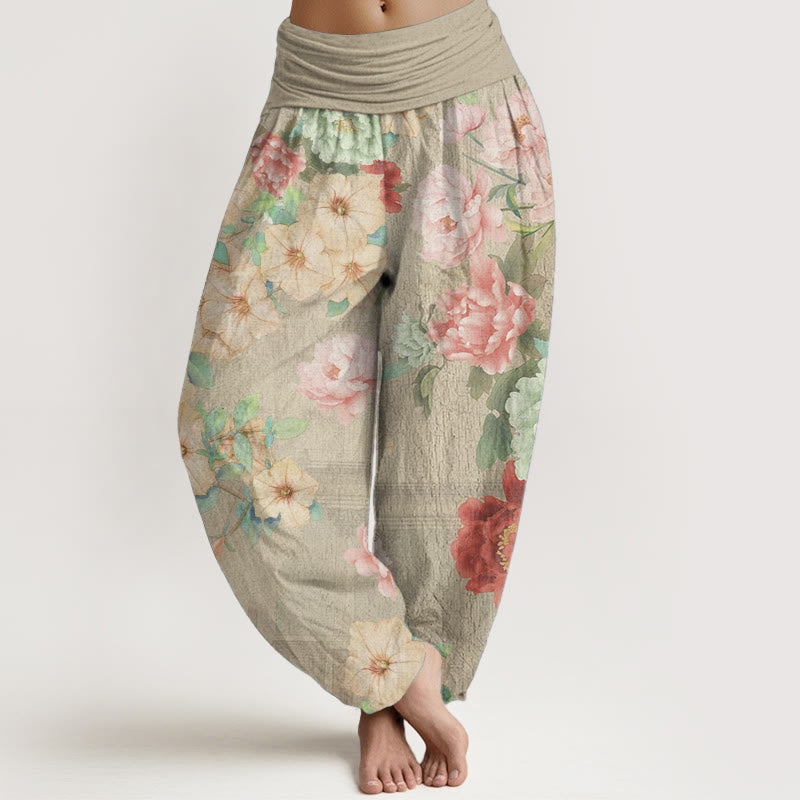 Pantalones Buddha Stones de algodón puro con estampado de peonías y cintura elástica para mujer