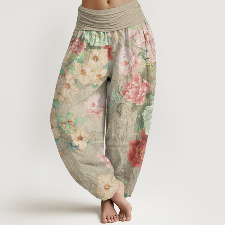 Pantalones Buddha Stones de algodón puro con estampado de peonías y cintura elástica para mujer