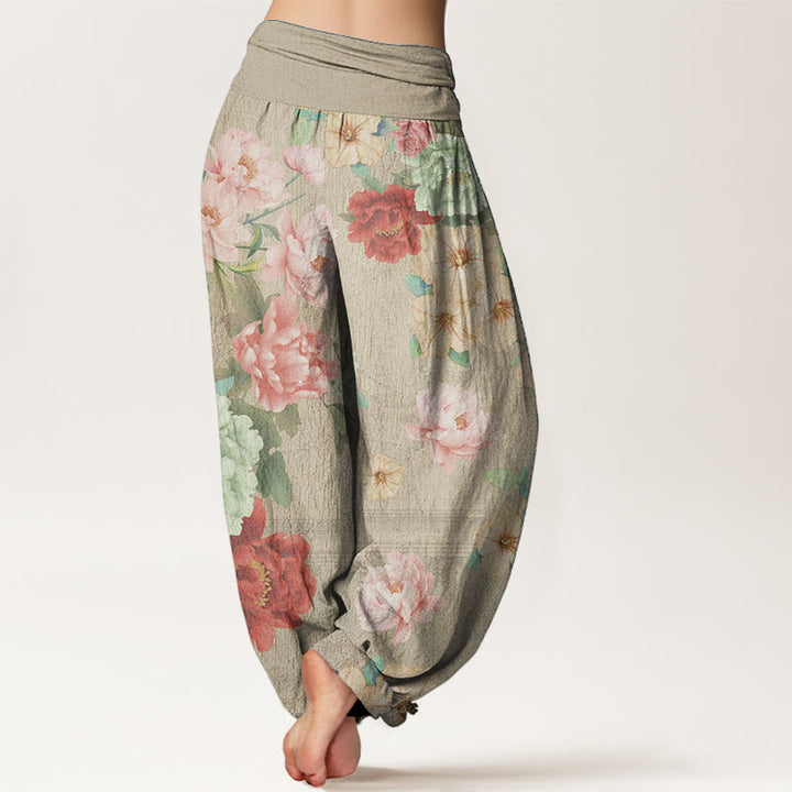 Pantalones Buddha Stones de algodón puro con estampado de peonías y cintura elástica para mujer
