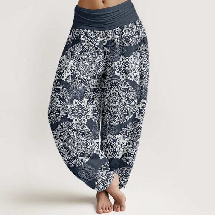 Pantalones Buddha Stones de algodón puro con diseño de mandala redondo y flores para mujer, cintura elástica - Azul acero - US22，UK/AU26，EU54 (6XL) - image 0