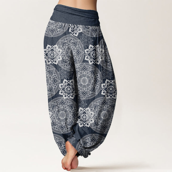 Pantalones Buddha Stones de algodón puro con diseño de mandala redondo y flores para mujer, cintura elástica