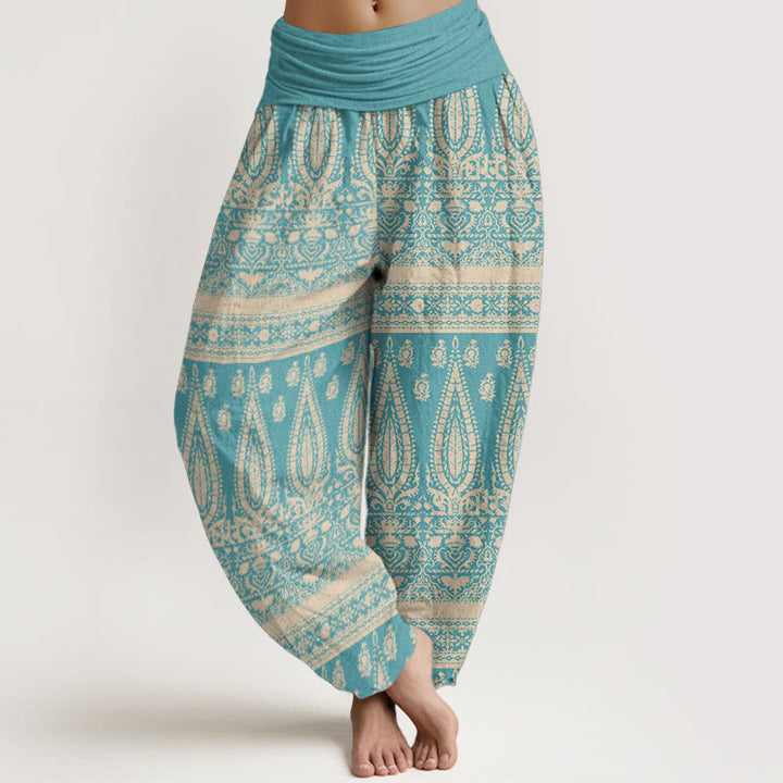 Pantalones harén de Buddha Stones puro con diseño de rayas y plumas para mujer, cintura elástica