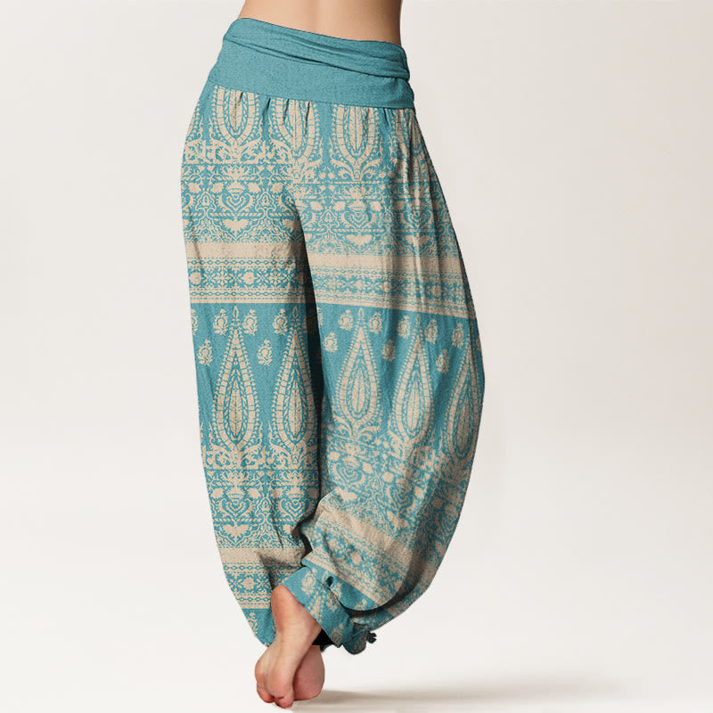 Pantalones harén de Buddha Stones puro con diseño de rayas y plumas para mujer, cintura elástica