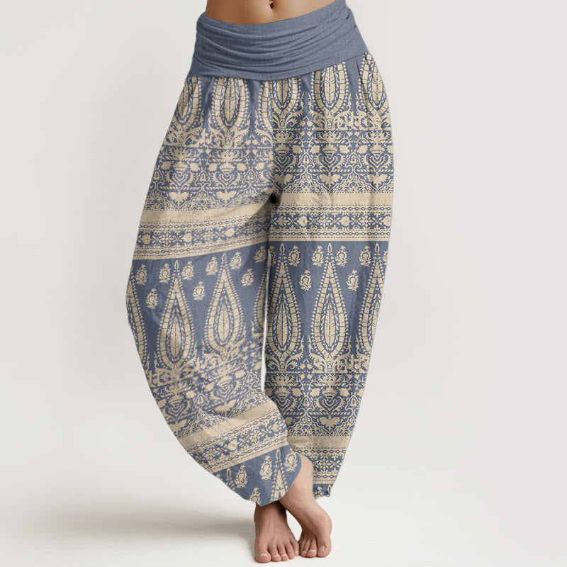 Pantalones harén de Buddha Stones puro con diseño de rayas y plumas para mujer, cintura elástica