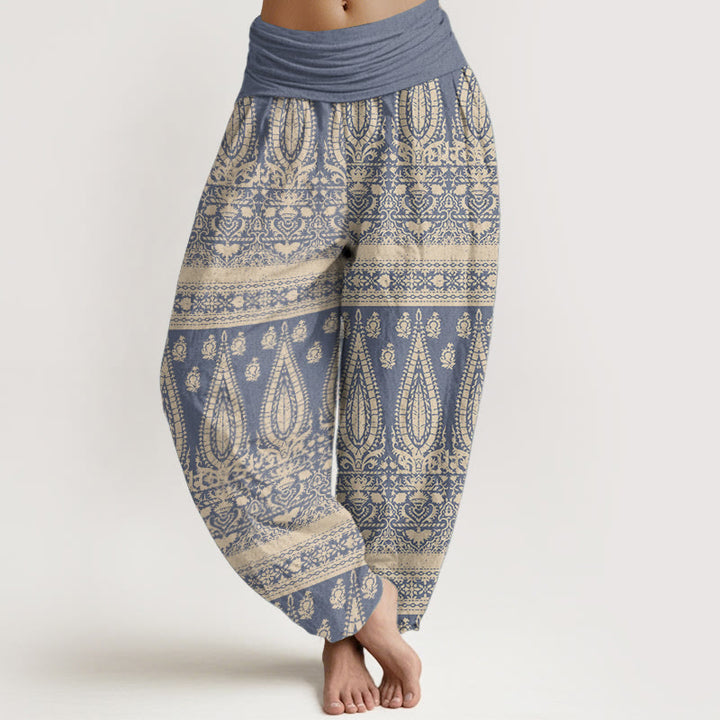 Pantalones harén de Buddha Stones puro con diseño de rayas y plumas para mujer, cintura elástica