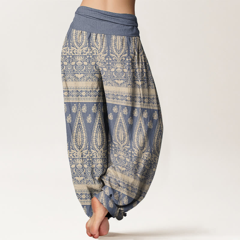 Pantalones harén de Buddha Stones puro con diseño de rayas y plumas para mujer, cintura elástica