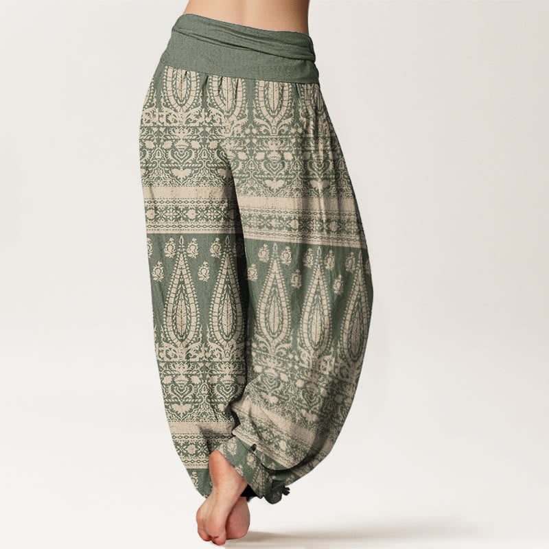 Pantalones harén de Buddha Stones puro con diseño de rayas y plumas para mujer, cintura elástica