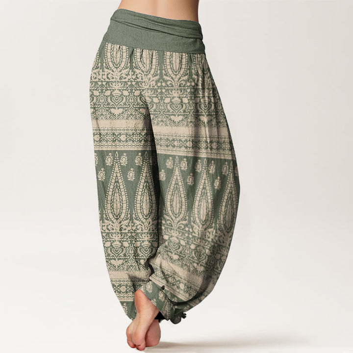 Pantalones harén de Buddha Stones puro con diseño de rayas y plumas para mujer, cintura elástica