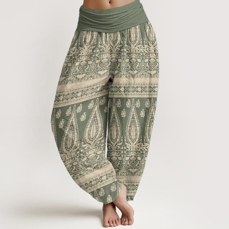 Pantalones harén de Buddha Stones puro con diseño de rayas y plumas para mujer, cintura elástica