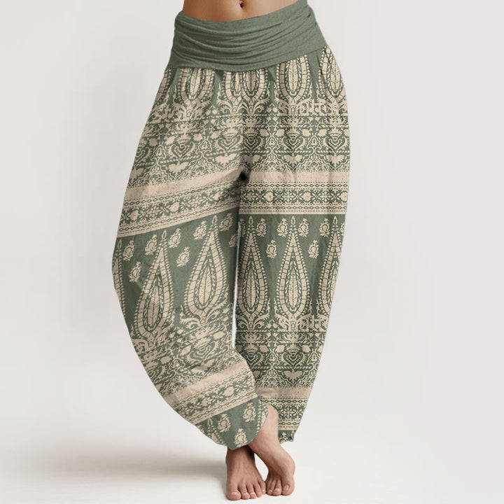 Pantalones harén de Buddha Stones puro con diseño de rayas y plumas para mujer, cintura elástica