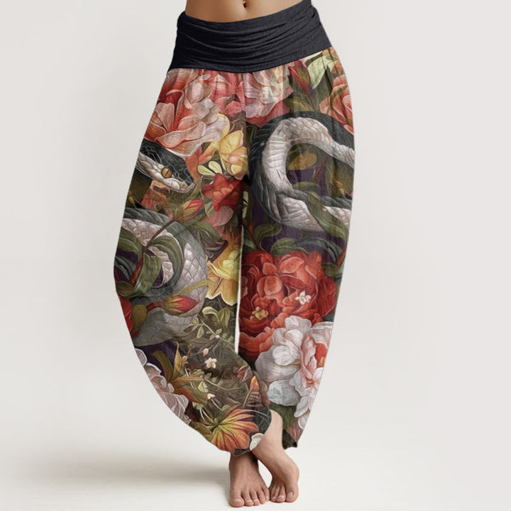 Pantalones harén de algodón puro con estampado de flores de peonía y serpiente para mujer, cintura elástica, con Buddha Stones