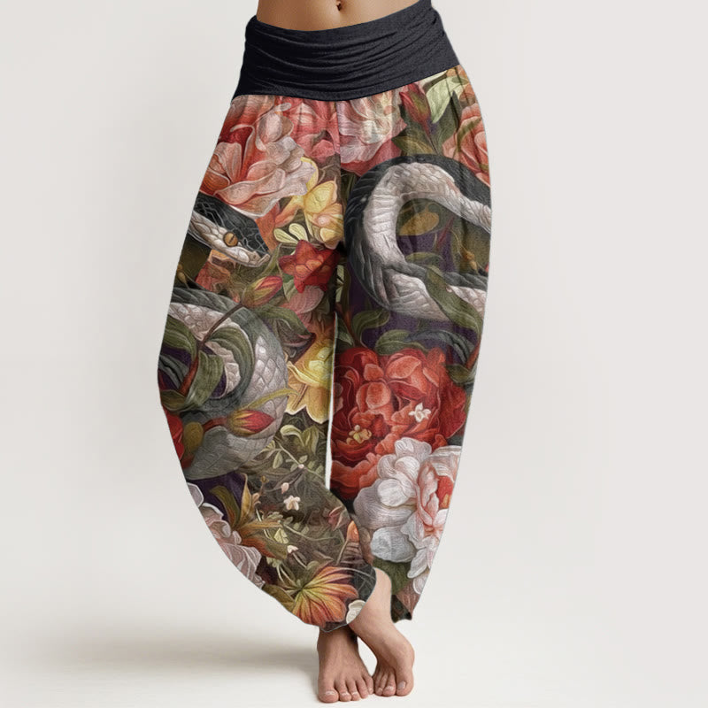 Pantalones harén de algodón puro con estampado de flores de peonía y serpiente para mujer, cintura elástica, con Buddha Stones - Negro - US22，UK/AU26，EU54 (6XL) - image 0