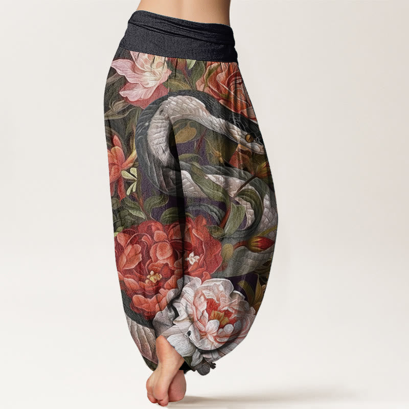 Pantalones harén de algodón puro con estampado de flores de peonía y serpiente para mujer, cintura elástica, con Buddha Stones