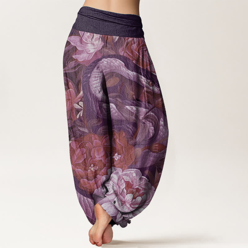 Pantalones harén de algodón puro con estampado de flores de peonía y serpiente para mujer, cintura elástica, con Buddha Stones