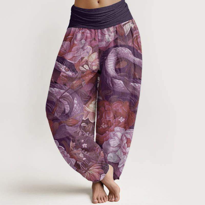 Pantalones harén de algodón puro con estampado de flores de peonía y serpiente para mujer, cintura elástica, con Buddha Stones