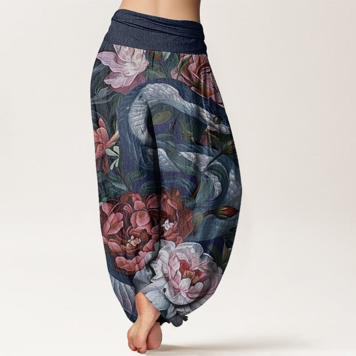 Pantalones harén de algodón puro con estampado de flores de peonía y serpiente para mujer, cintura elástica, con Buddha Stones