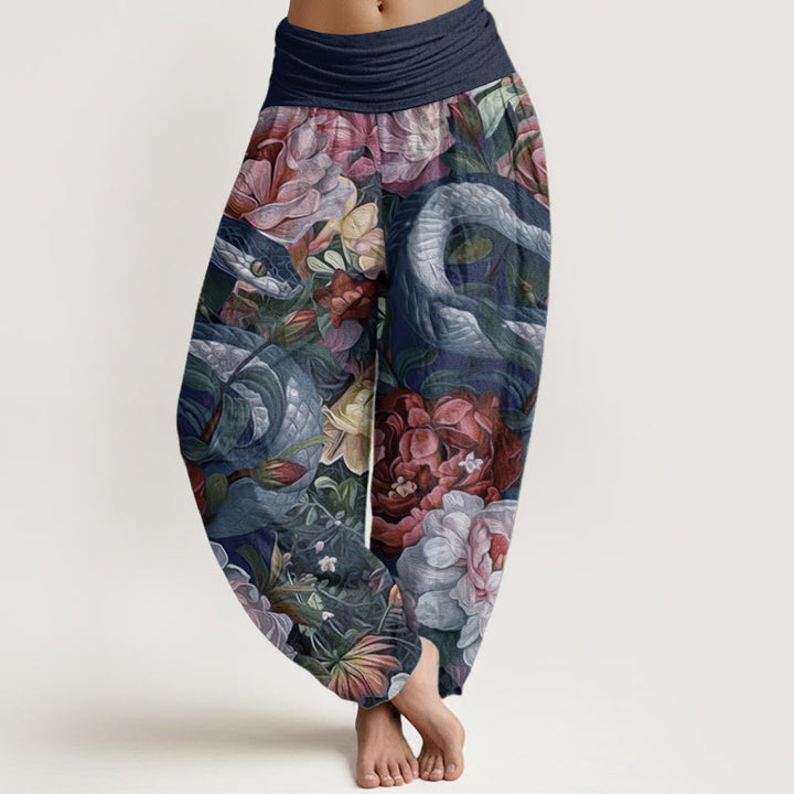 Pantalones harén de algodón puro con estampado de flores de peonía y serpiente para mujer, cintura elástica, con Buddha Stones