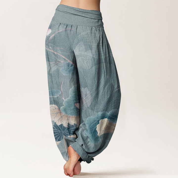 Pantalones harén de algodón puro con estampado de flores de loto y hojas de Buddha Stones para mujer, con cintura elástica