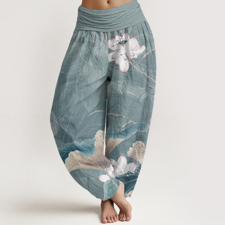 Pantalones harén de algodón puro con estampado de flores de loto y hojas de Buddha Stones para mujer, con cintura elástica