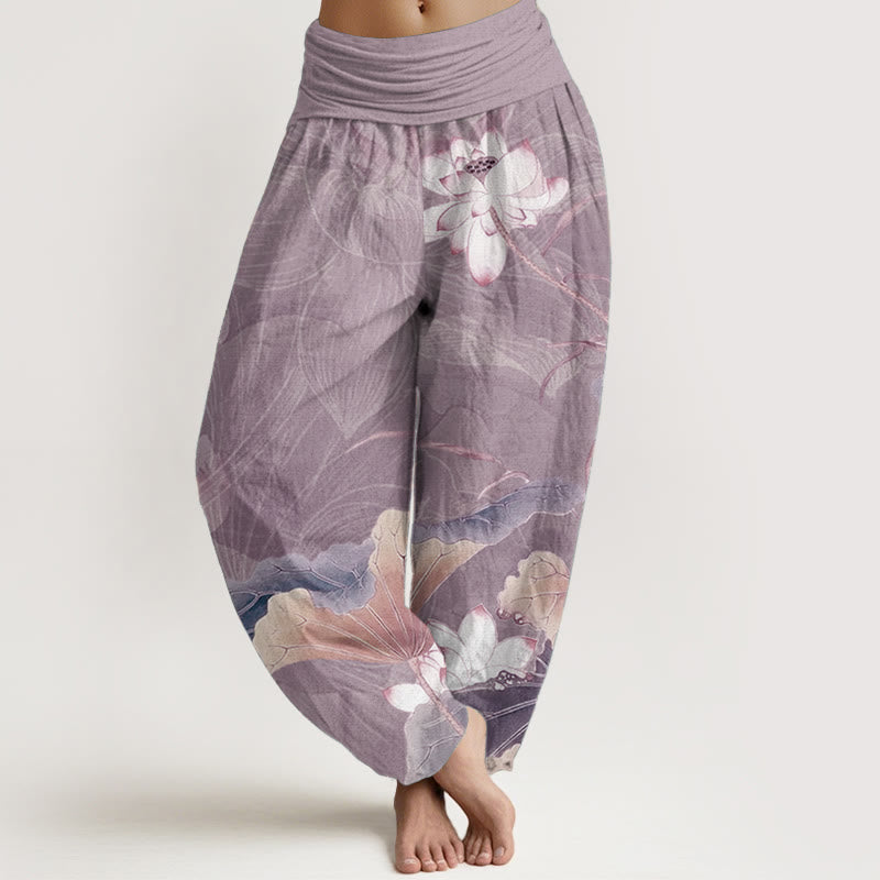Pantalones harén de algodón puro con estampado de flores de loto y hojas de Buddha Stones para mujer, con cintura elástica