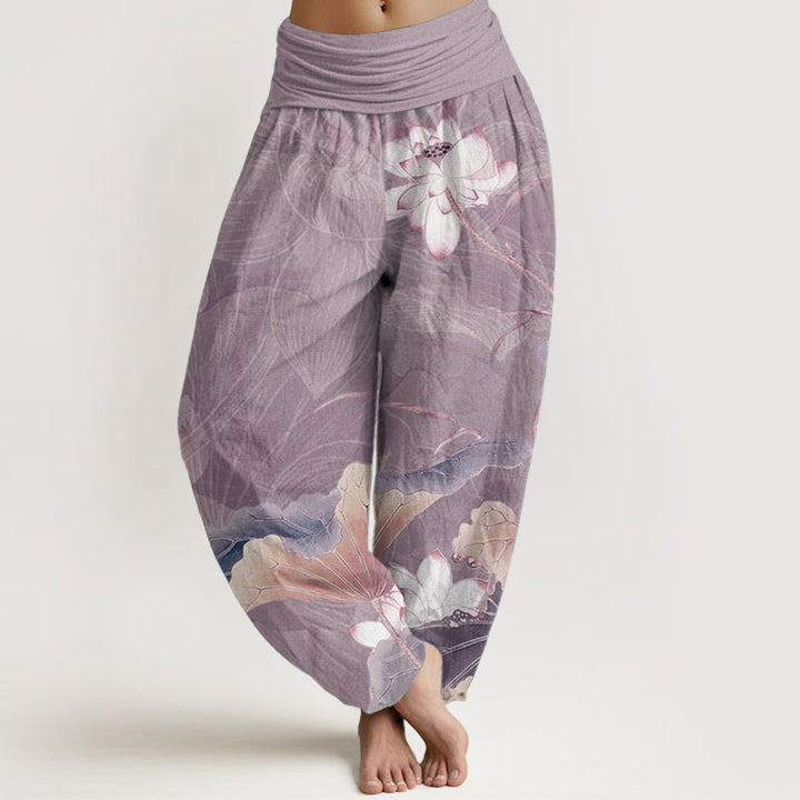 Pantalones harén de algodón puro con estampado de flores de loto y hojas de Buddha Stones para mujer, con cintura elástica