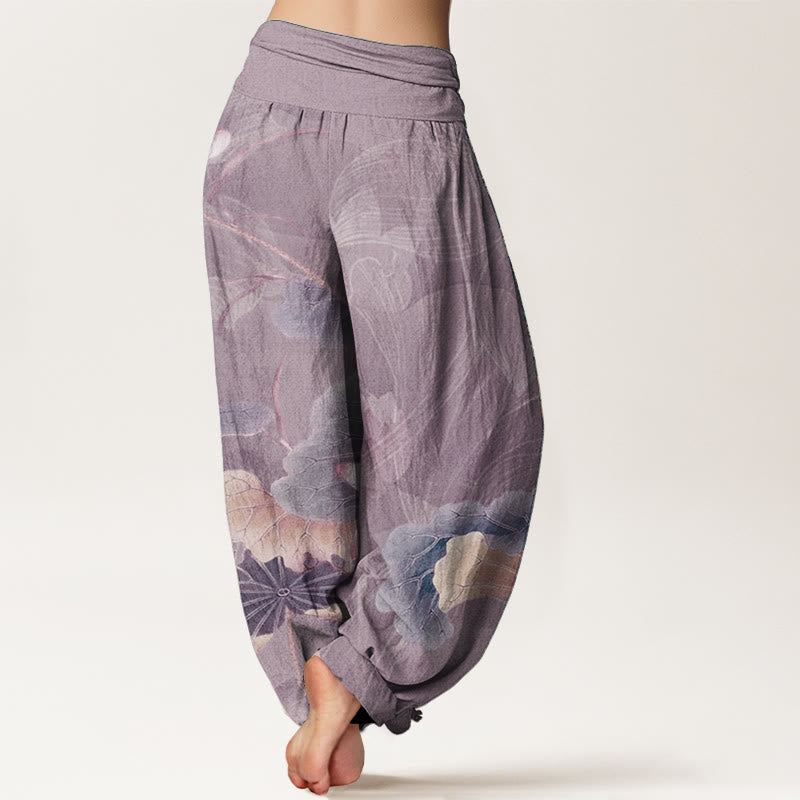 Pantalones harén de algodón puro con estampado de flores de loto y hojas de Buddha Stones para mujer, con cintura elástica