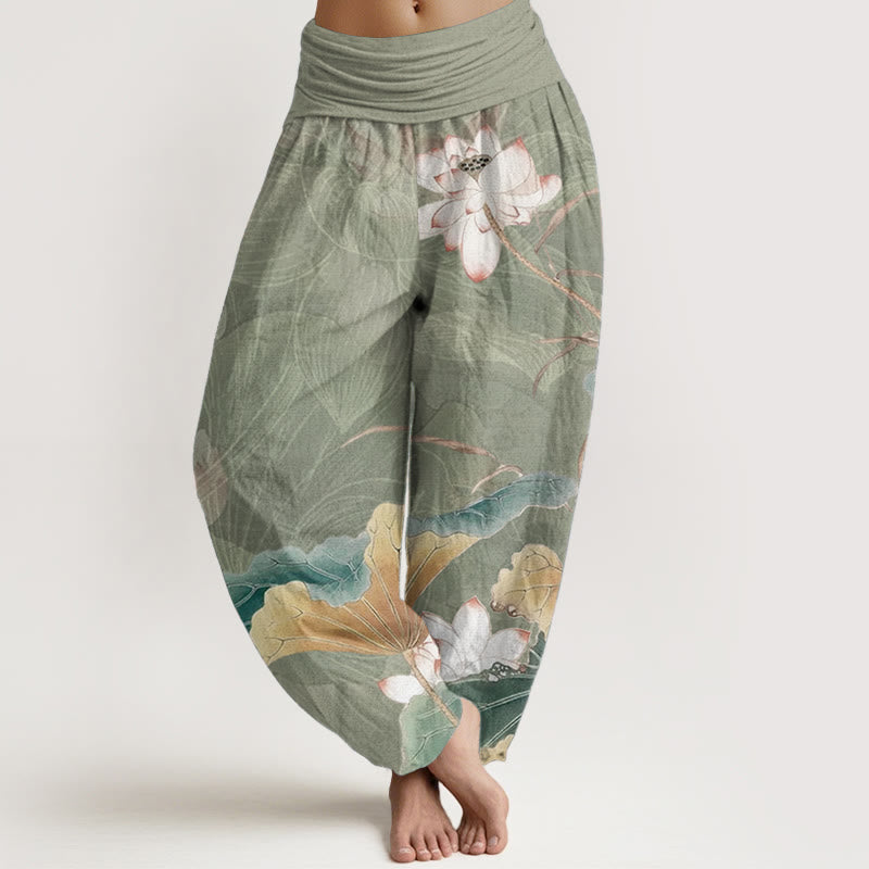 Pantalones harén de algodón puro con estampado de flores de loto y hojas de Buddha Stones para mujer, con cintura elástica