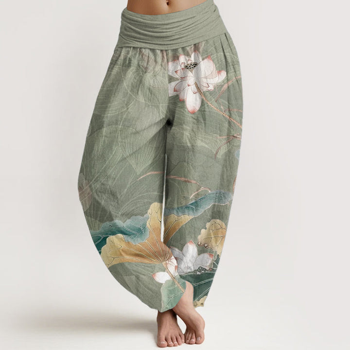 Pantalones harén de algodón puro con estampado de flores de loto y hojas de Buddha Stones para mujer, con cintura elástica
