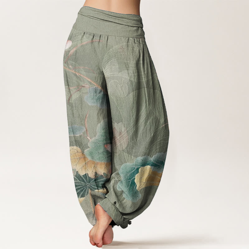 Pantalones harén de algodón puro con estampado de flores de loto y hojas de Buddha Stones para mujer, con cintura elástica