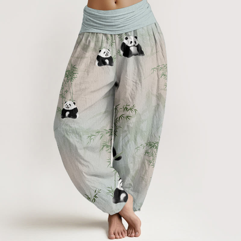 Pantalones Buddha Stones de algodón puro con estampado de panda y bambú para mujer, con cintura elástica - Aguamarina - US22，UK/AU26，EU54 (6XL) - image 0