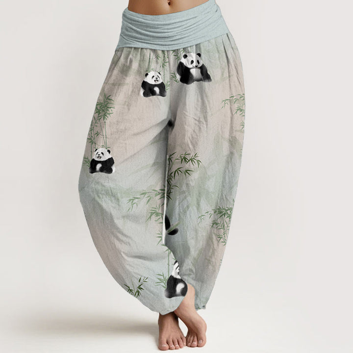 Pantalones Buddha Stones de algodón puro con estampado de panda y bambú para mujer, con cintura elástica