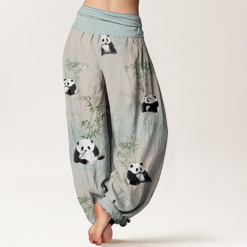 Pantalones Buddha Stones de algodón puro con estampado de panda y bambú para mujer, con cintura elástica