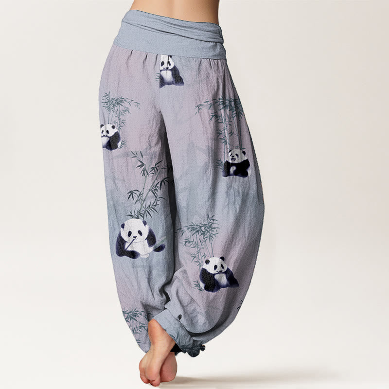 Pantalones Buddha Stones de algodón puro con estampado de panda y bambú para mujer, con cintura elástica