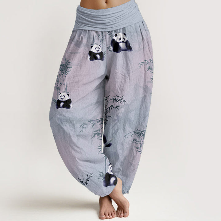 Pantalones Buddha Stones de algodón puro con estampado de panda y bambú para mujer, con cintura elástica