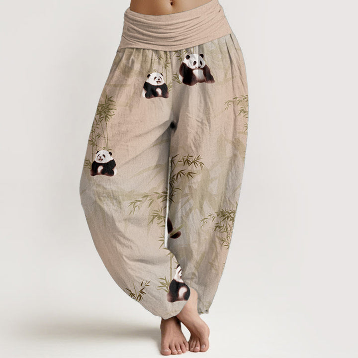 Pantalones Buddha Stones de algodón puro con estampado de panda y bambú para mujer, con cintura elástica