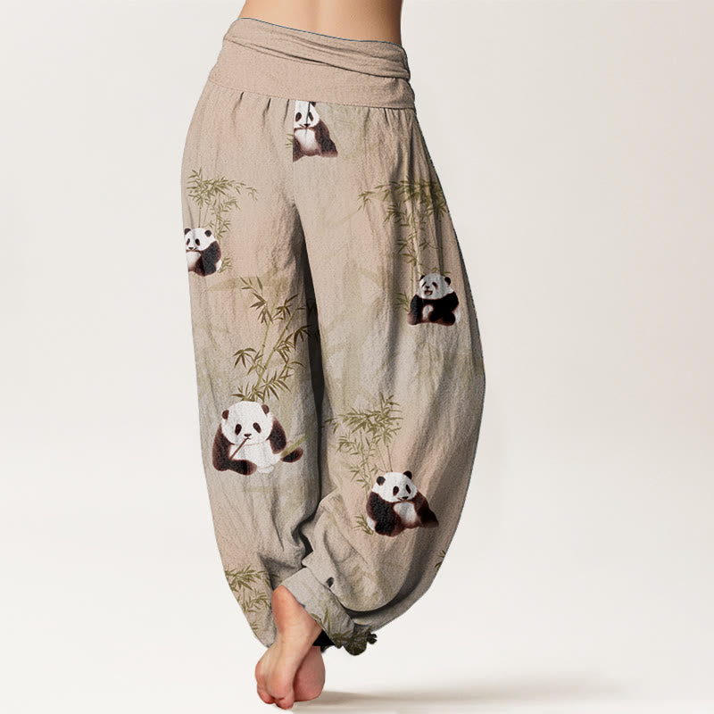 Pantalones Buddha Stones de algodón puro con estampado de panda y bambú para mujer, con cintura elástica