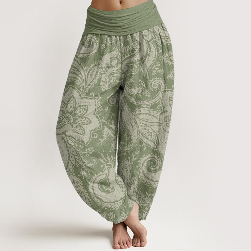 Pantalones harén de algodón puro con estampado de cachemira y flores de Buddha Stones para mujer, cintura elástica
